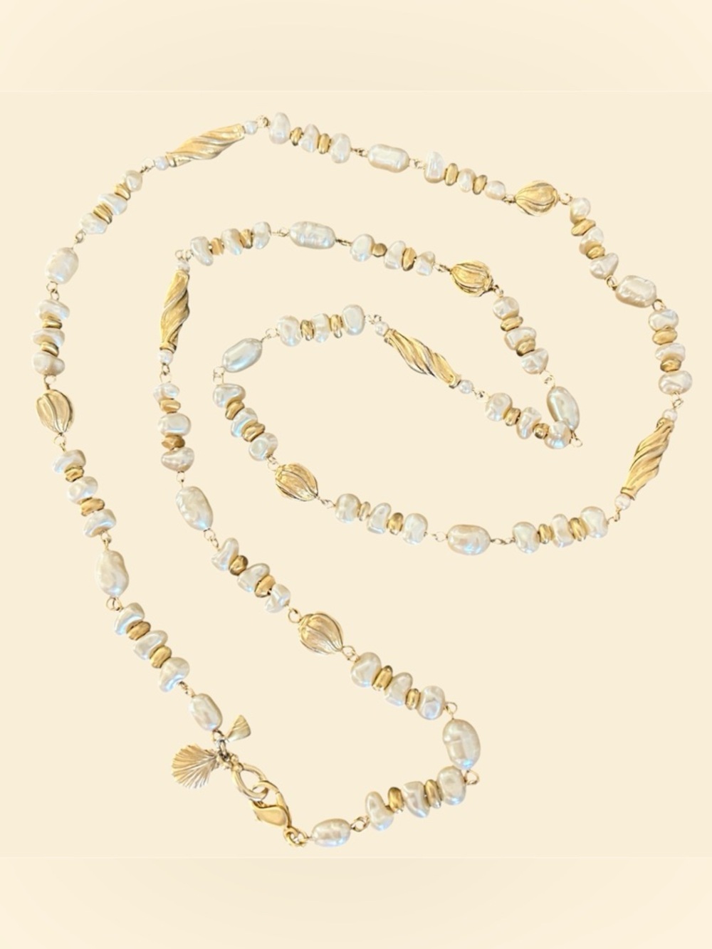 Vintage Liz Claiborne Pearl Necklace Gold Beads 38” Coastal Shell Charm 90s